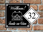 Naambordje voordeur welkom huisje 20x20 met nummer zwart