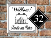 Naambordje voordeur welkom huisje 20x20 met nummer wit