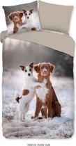 1-persoons dekbedovertrek (dekbed hoes) wit / grijs met schattige hondjes / honden (dieren) in de sneeuw / natuur (winter) 140x220cm KATOEN (cadeau idee!)