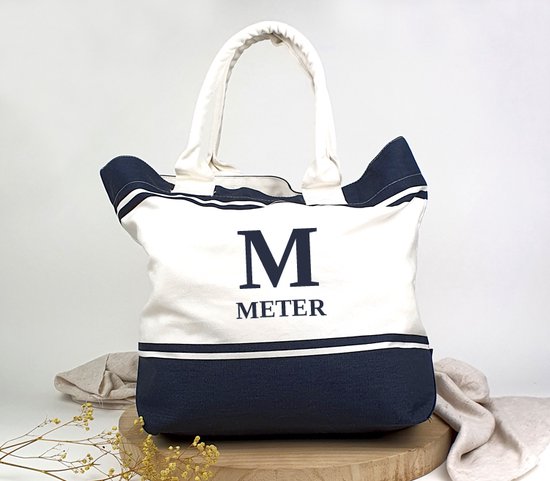 Cadeau meter - Strandtas met letter M "Meter" - Geborduurd cadeau voor meter - Grote strandtas of shopper