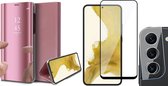 Samsung Galaxy S22 Plus Hoesje - Book Case Spiegel Wallet Cover Hoes Roségoud - Full Tempered Glass Screenprotector - Camera Lens Protector