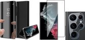 Hoesje geschikt voor Samsung Galaxy S22 Ultra - Book Case Spiegel Wallet Cover Hoes Zwart - PET Glasfolie Screenprotector - Camera Lens Tempered Glass Protector