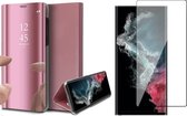 Samsung Galaxy S22 Ultra Hoesje - Book Case Spiegel Wallet Cover Hoes Roségoud - Full Tempered Glass Screenprotector