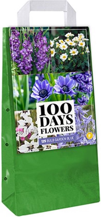 Groene zak met afbeeldingen van blauwe en witte bloemen. Tekst: '100 DAYS FLOWERS' en '125 BULB GARDEN BLUE'.