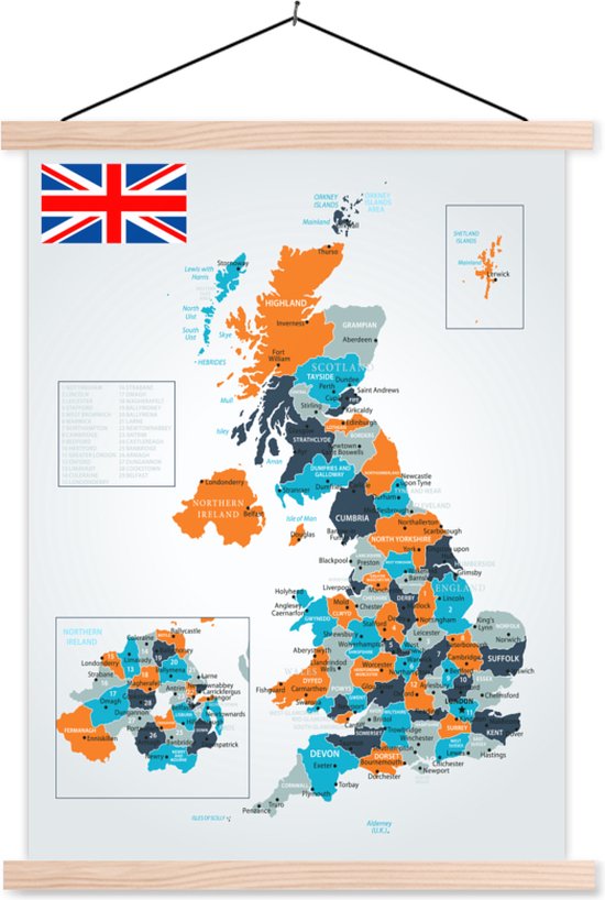 Affiche scolaire - Carte Vector de l'Angleterre - 90x120 cm - Lattes vierges