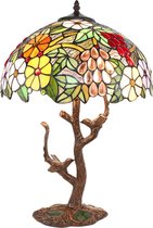 LumiLamp Tiffany Tafellamp Ø 41*57 cm E27/max 2*60W Meerkleurig Glas, Kunststof Bloemen en vogels Tiffany Bureaulamp Tiffany Lampen
