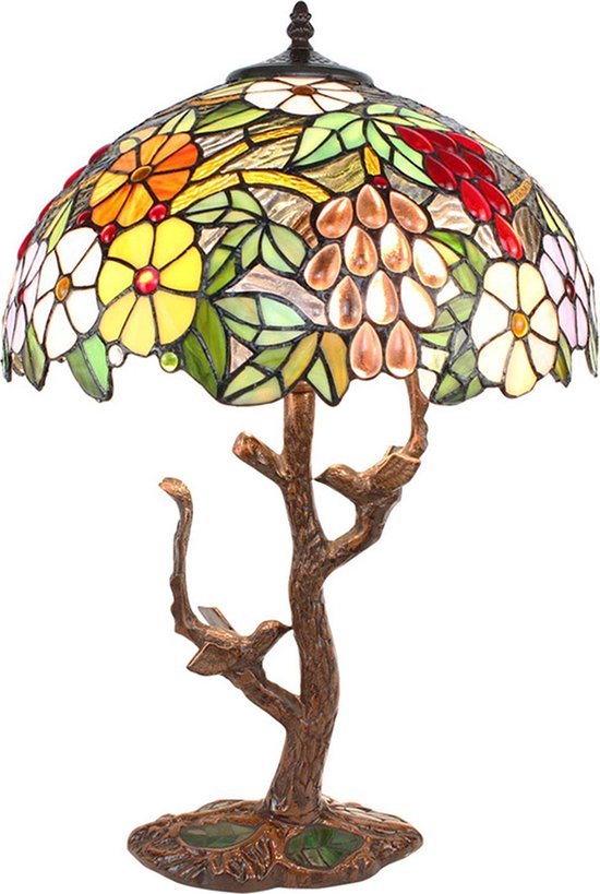LumiLamp Tiffany Lampe de table Ø 41*57 cm E27/max 2*60W Glas multicolore , Plastique Fleurs et oiseaux Lampe de bureau Tiffany Lampes Tiffany