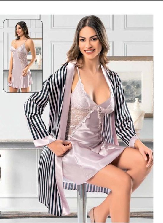 Kimono Luxe avec chemise de nuit - Vêtements de nuit sexy - Ensemble pyjama avec chemise de nuit en dentelle - Ensemble 2 pièces de la meilleure qualité - 2095 - Rose poudré à rayures - Taille M