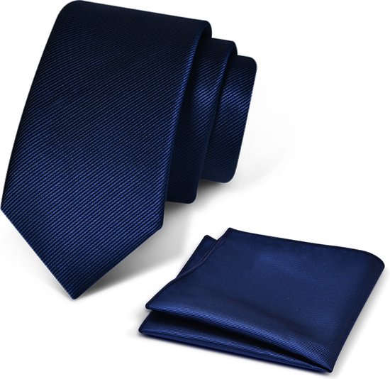 Premium Ties - Luxe Stropdas Heren + Pochet - Set - Polyester - Marine blauw - Incl. Luxe Gift Box!