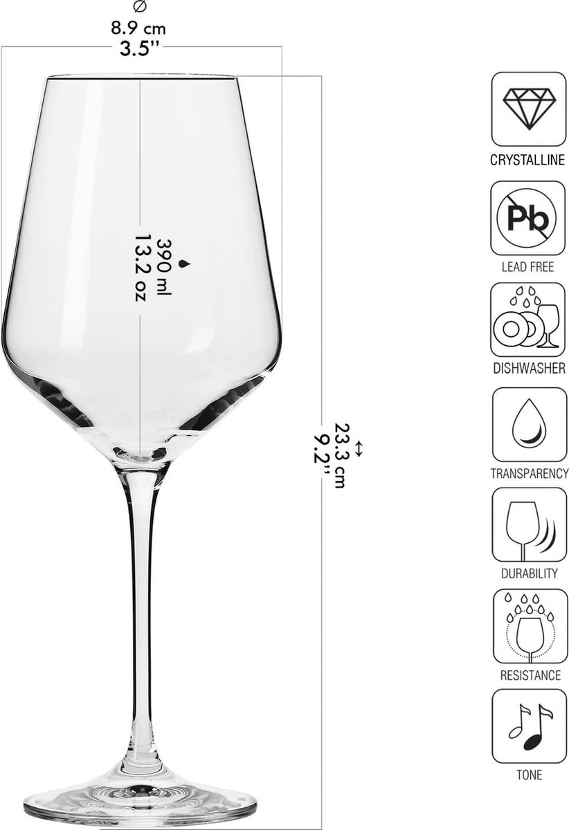 KROSNO | Hoog Witte Wijnglazen | Set van 6 - 390 ml | Avant-Garde Collectie | Loodvrij Kristalglas | Perfect voor Thuis, Restaurants en Feesten | Vaatwasser Veilig – foto 7