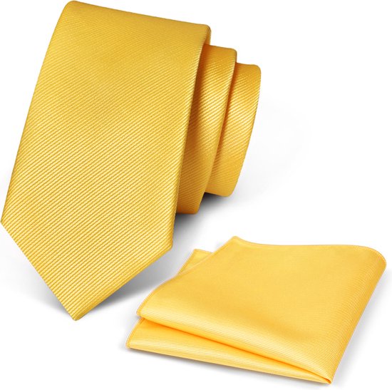 Premium Ties - Luxe Stropdas Heren + Pochet - Set - Polyester - Lichtgeel - Incl. Luxe Gift Box!