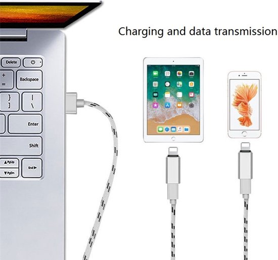 Câble tressé blanc et noir avec connecteurs argentés, connecté à un ordinateur portable, une tablette et un smartphone. "Charging and data transmission".