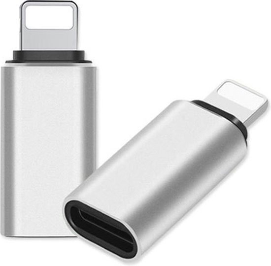 Deux adaptateurs Lightning vers USB-C argentés sur fond blanc.