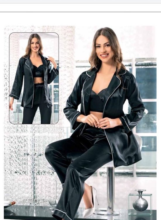 Kimono- Nachtjapon- Luxe Dames Pyjama Set 3-delig- Sexy Nachtkleding satijn 2060- Zwart- Maat L