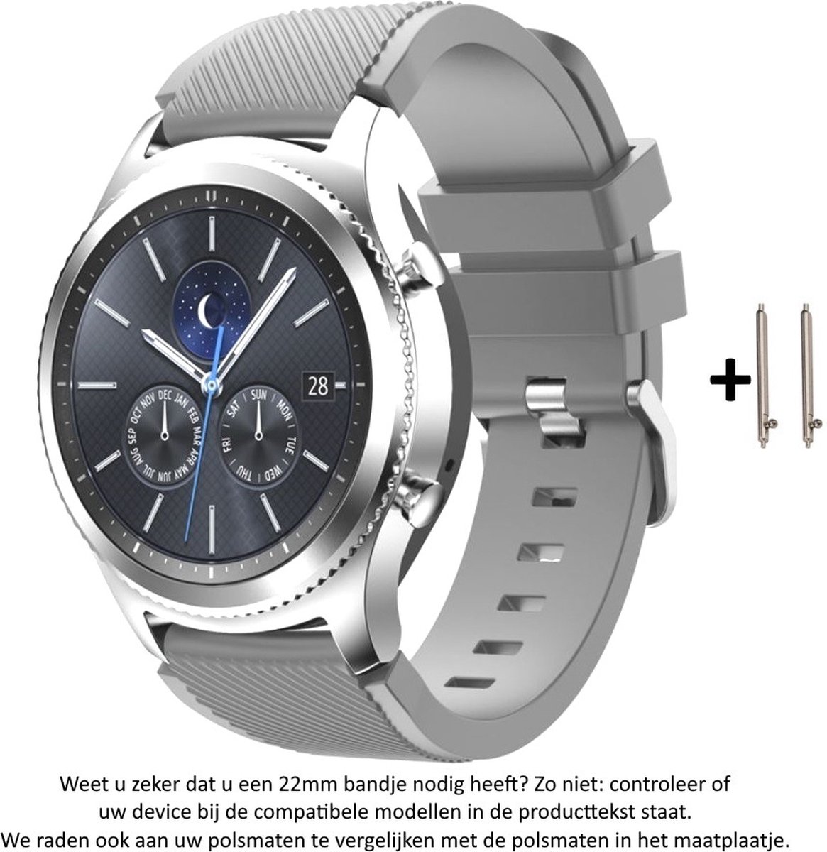Siliconen Bandje - Geschikt voor 22 mm Smartwatches - Grijs - Wearablebandje
