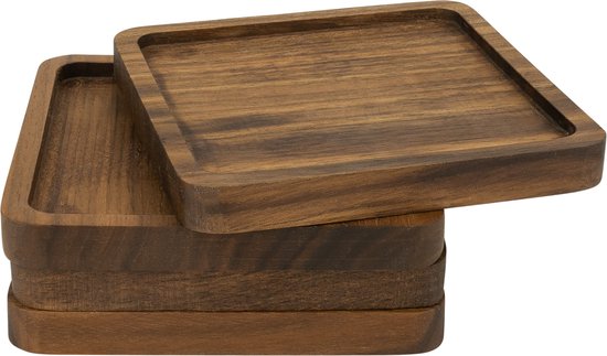 QUVIO Onderzetters set van 4 - Glasonderzetters - Onderleggers - Onderzettersset - Tafelaccessoires - Voor glazen, koppen en mokken voor op tafel - Vierkant - 4 stuks - 8,5 x 8 cm (lxb) - Hout - Donkerbruin