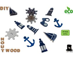 Bob Online ™ - 25 Stuks – Mixed Setje - Knoop - Houten Geschilderd Maritiem Vormige Knopen met 2 Gaatjes – Anker, Zeilboot, Vuurtoren, Verrekijker, scheepswiel + Lantaarn versieringen – Knutselen, Naaien, Scrapbooking, Accessoires, Kaarten Maken