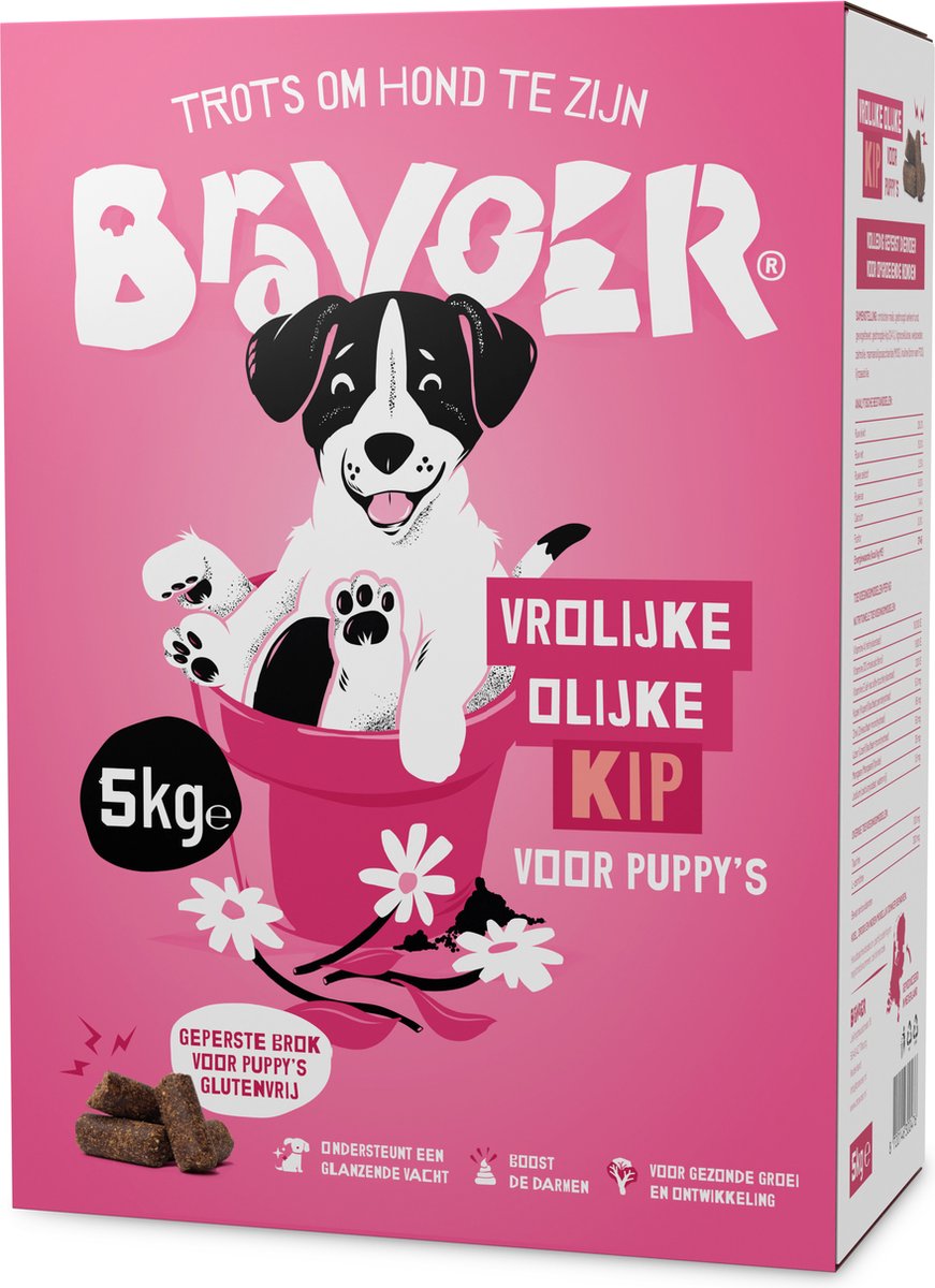 Bravoer Vrolijke Olijke Kip voor Puppy's - Hondenvoer - 5 kilo