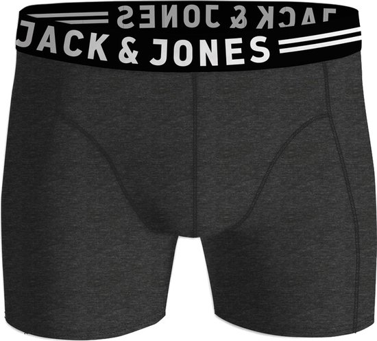 Grijze gemêleerde boxershorts van Jack & Jones met een zwarte tailleband met witte tekst.