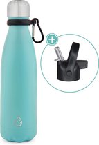 Wattamula Design eco RVS drinkfles - lichtblauw - extra dop met rietje en carrier - 500 ml - waterfles - thermosfles - sport