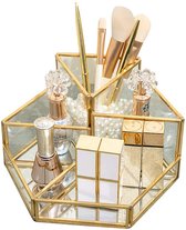 SLHEQING Make-up Organizer, beauty organizer, sieraden-/penseelhouder, goud, glazen cosmetica box, transparant decoratief blad