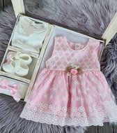Baby jurk - feestjurk-doopjurk - doopkleding -dooppakje- doopschoentjes- pasgeboren-new born-baby geschenkset-geborduurde bloemenjurk -roze feestjurk-maat 56/62