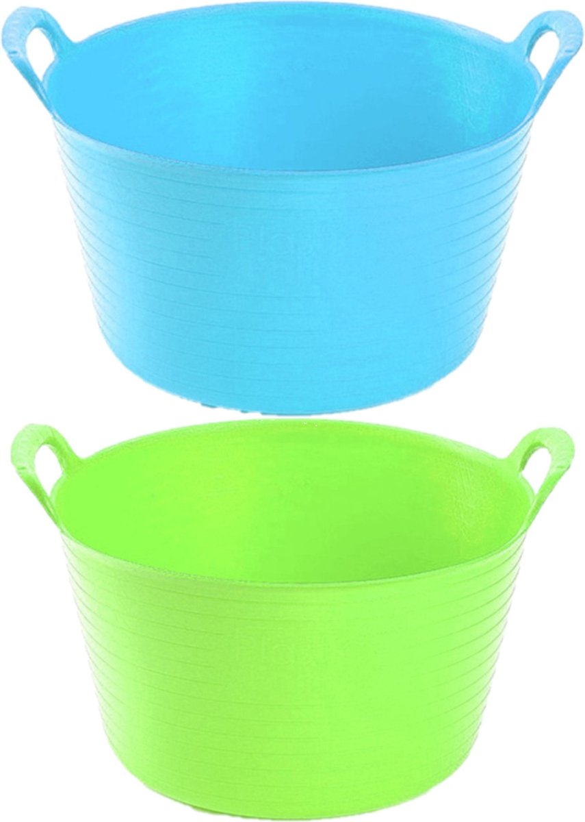 Voordeelset van 2x stuks kunststof flexibele emmers/wasmanden/kuipen van 56 liter in het blauw en groen