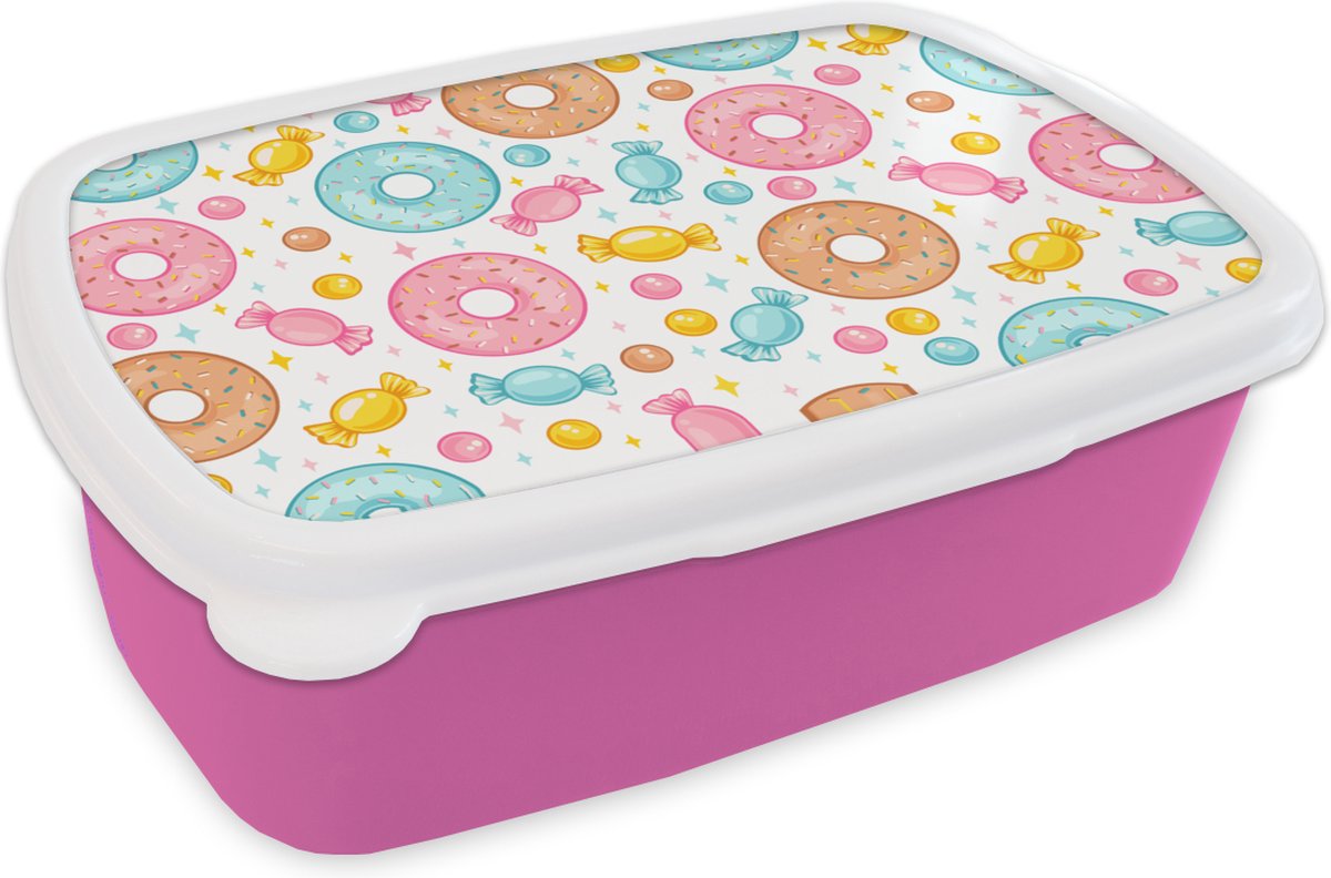 Broodtrommel Roze - Lunchbox - Brooddoos - Snoep - Donuts - Patronen - 18x12x6 cm - Kinderen - Meisje