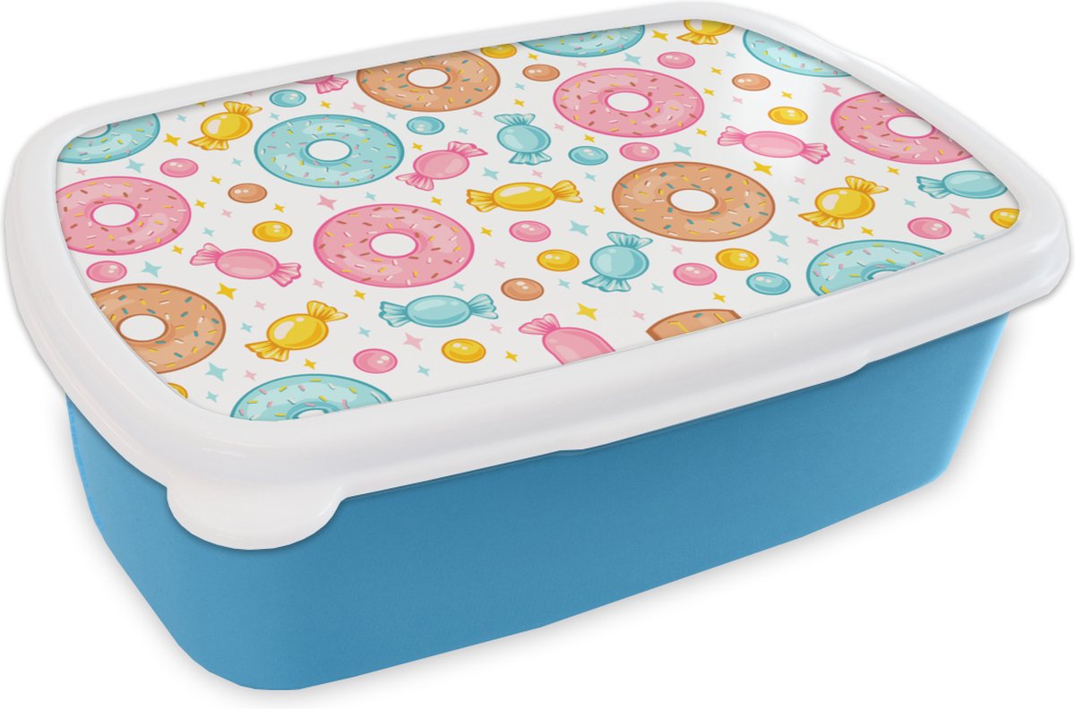 Broodtrommel Blauw - Lunchbox - Brooddoos - Snoep - Donuts - Patronen - 18x12x6 cm - Kinderen - Jongen