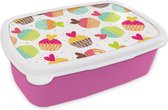 Broodtrommel Roze - Lunchbox - Brooddoos - Muffin - Regenboog - Design - Hart - 18x12x6 cm - Kinderen - Meisje