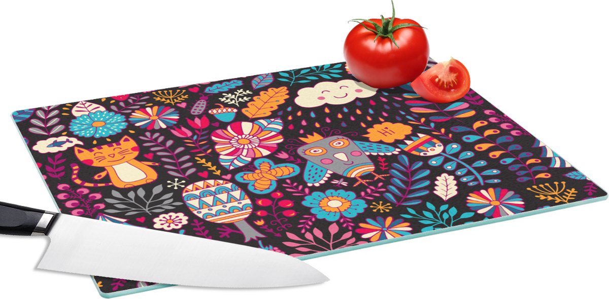 Glazen Snijplank - 39x28 - Patroon - Uil - Kat - Bloemen - Snijplanken Glas