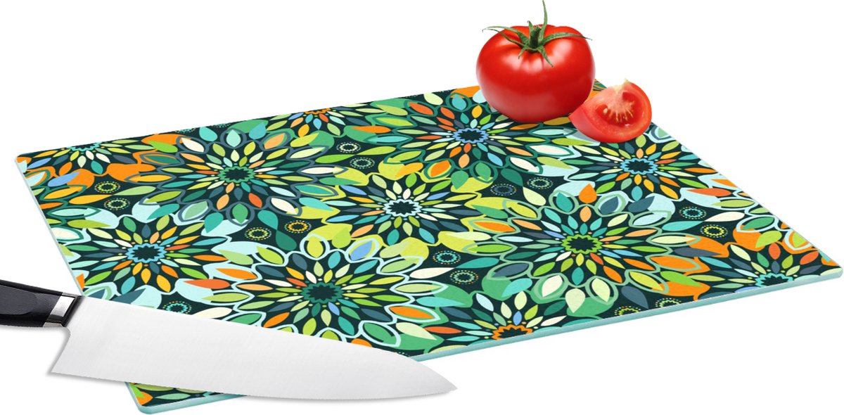 Glazen Snijplank - 39x28 - Patroon - Mandala - Groen - Snijplanken Glas