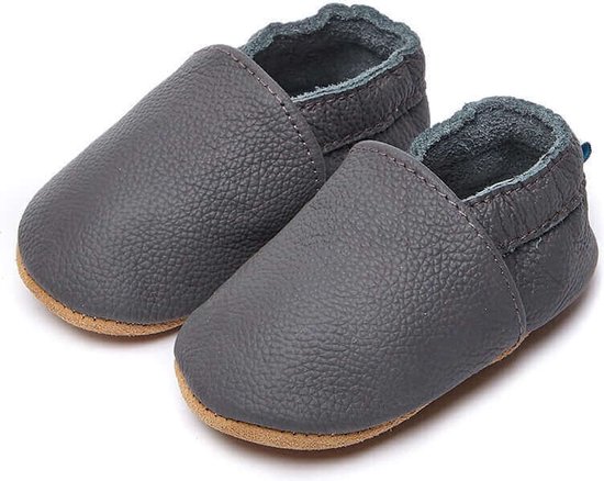 Product: Steppies Babyslofjes Leer - Donkergrijs - Maat 18-19 (6-12 maanden, 12 cm) - met Suède Zool, van het merk 