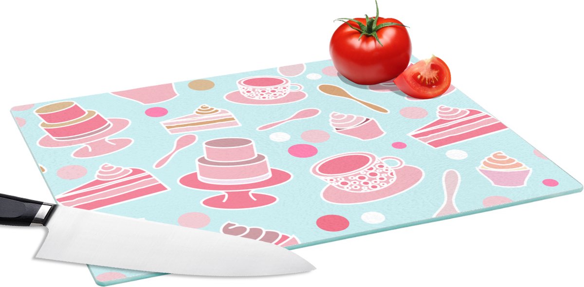 Glazen Snijplank - 39x28 - Taart - Thee - Cupcake - Roze - Design - Snijplanken Glas