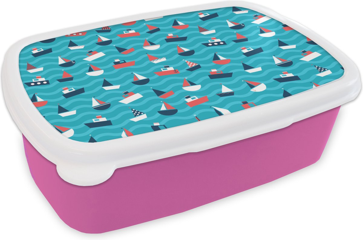 Broodtrommel Roze - Lunchbox - Brooddoos - Boten - Zee - Patroon - 18x12x6 cm - Kinderen - Meisje