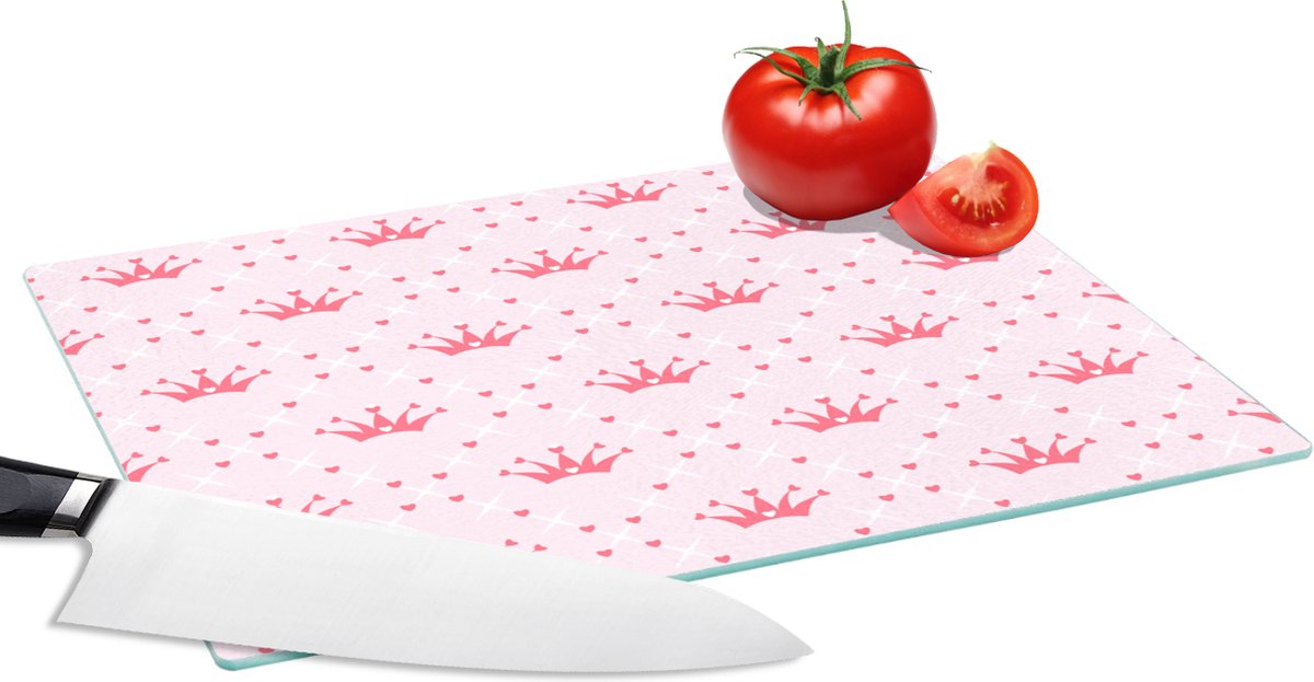 Glazen Snijplank - 28x20 - Kroon - Patroon - Roze - Snijplanken Glas