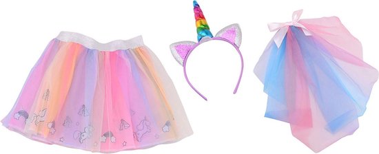 Eenhoorn verkleedset: regenboog tule rok met eenhoornprints, diadeem met eenhoorn en glitteroren, en een roze/blauwe tule staart.