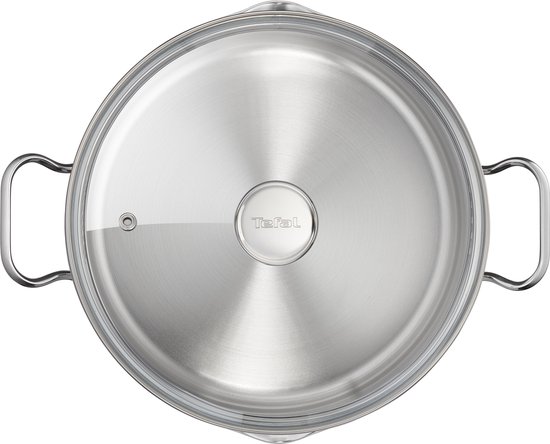 Bovenafbeelding van een gesloten Tefal kookpan met zilverkleurig deksel en handvatten.