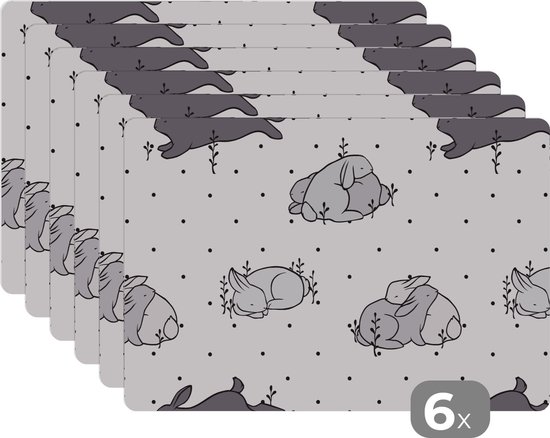 Set de table - Napperons en plastique - Lapins - Animaux - Sommeil - Enfants - Motifs - 45x30 cm - 6 pièces - Résistant à la chaleur - Antidérapant - Coussinet - Amovible