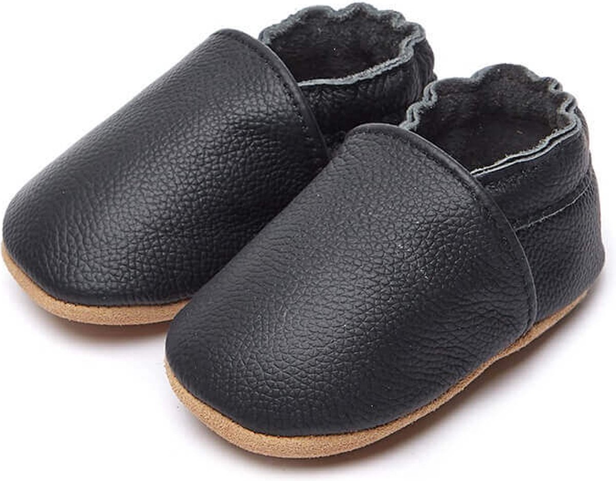 Steppies Babyslofjes Leer - Zwart - Maat 18-19 (6-12 maanden, 12 cm) - met Suède Zool