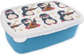Broodtrommel Blauw - Lunchbox - Brooddoos - Pinguïn - Muziek - Gitaar - Kinderen - Patroon - 18x12x6 cm - Kinderen - Jongen