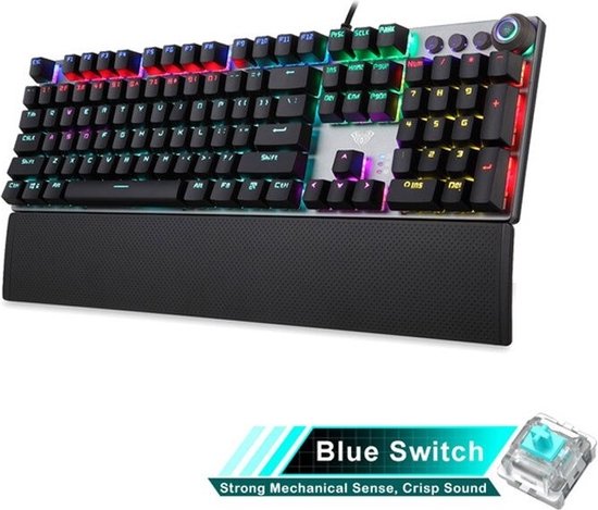 DrPhone AULA1 Mechanisch USB Bedrade Gaming Toetsenbord met Magnetische Polssteun + Bedieningsknop + RGB-achtergrondverlichting - Anti-Ghosting (Blauwe schakelaar)