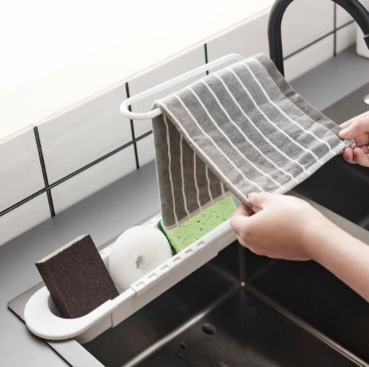 Keuken Aanrecht Vaatdoek Droogrek, Opvouwbare Vaatdoek Houder met Plastic Handdoek Stand Rack Vaatdoek Opbergrek voor Thuis(Grijs
