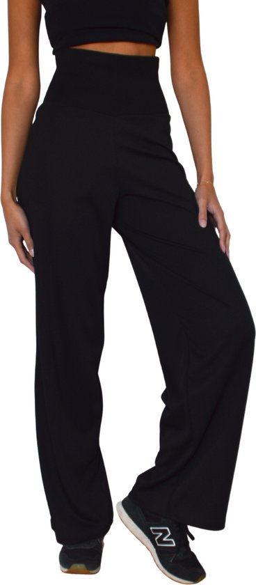 Zwart losvallende damesbroek met wijde pijpen - hoge taille - zomerbroek