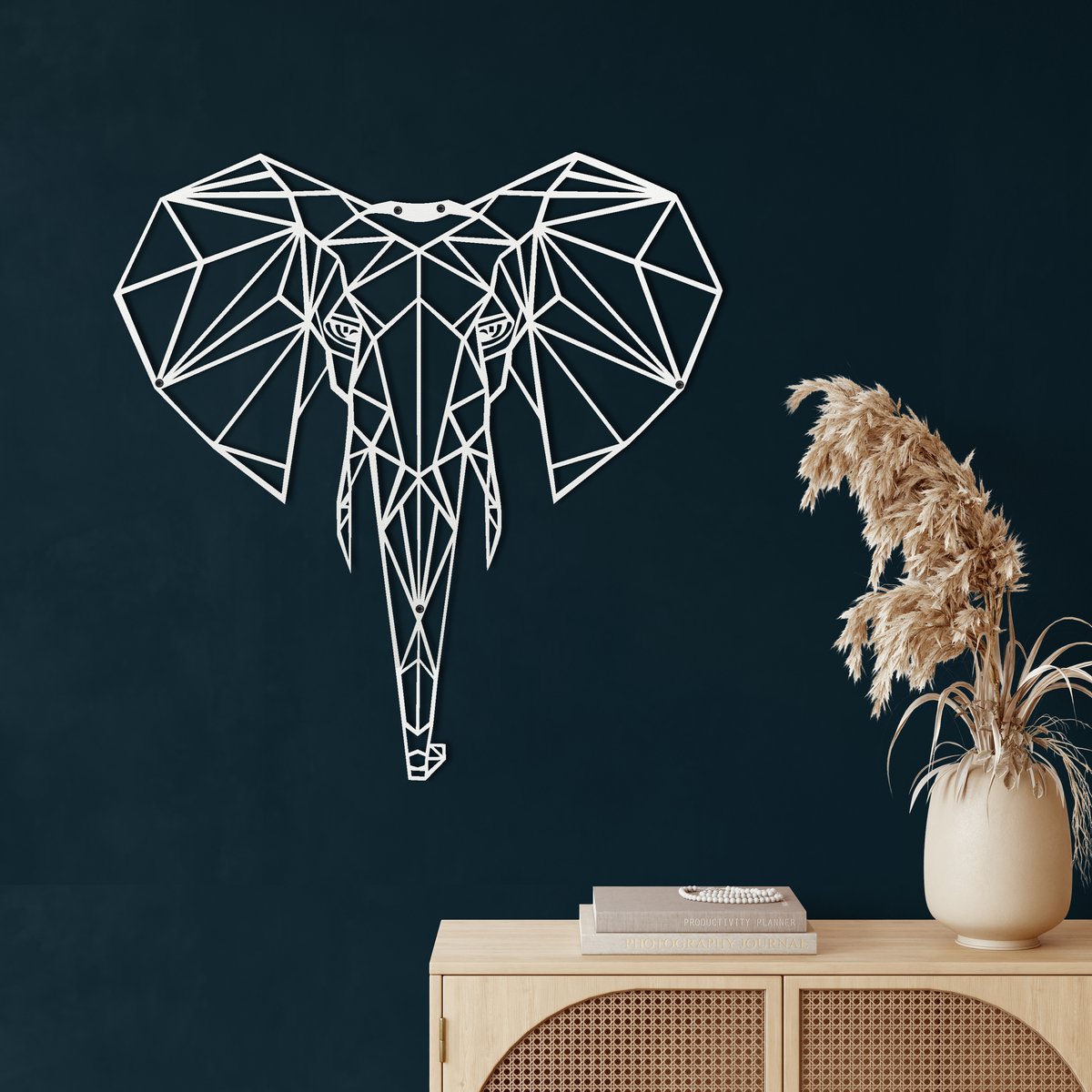 Wanddecoratie |Geometrisch Olifantenhoofd / Geometric Elephant Head decor | Metal - Wall Art | Muurdecoratie | Woonkamer |Wit| 58x61cm