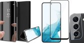 Hoesje geschikt voor Samsung Galaxy S22 - Book Case Spiegel Wallet Cover Hoes Zwart - Full Tempered Glass Screenprotector - Camera Lens Protector