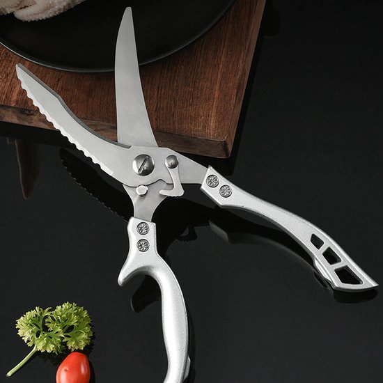 Pluimveeschaar, scherpe keukenschaar, vleesschaar, voor eend snijden, gevogelteschaar, roestvrij staal, ergonomische handgreep, gans, kip, kalkoen