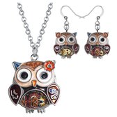 Set- Uilen-Ketting met oorbellen-Bruin- emaille- Charme Bijoux
