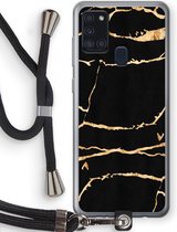 Case Company® - Samsung Galaxy A21s hoesje met Koord - Gouden marmer - Telefoonhoesje met Zwart Koord - Bescherming aan alle Kanten en Over de Schermrand
