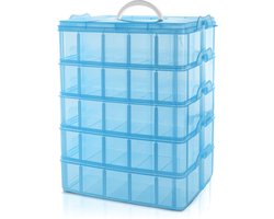 Belle Vous 5 Laags Hoge Blauw Transparante Plastic Stapelbare Opslag Doos - Aanpasbare Compartiment slots - Maximaal 50 Compartimenten – Container Voor het Opslaan van Speelgoed, Sieraden, Kralen
